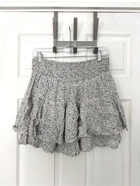 Floral Smocked Waist Ruffle Mini Skort - Blue on Cream/white (off-white)